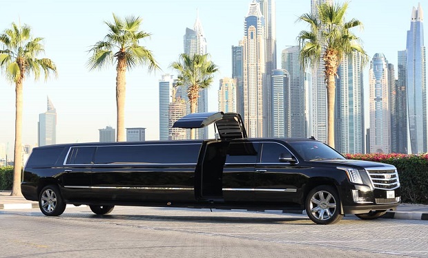 Black Panther Cadillac Escalade Stretched Limo, 2019 model for up to 24 passengers for only AED 799 per hour.