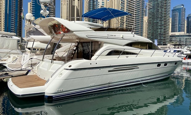 56 foot Princess Yacht for up to 12 people for AED 665 per hour. Large and comfortable outdoor and indoor space. 