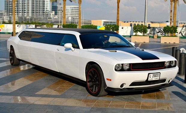 White Dodge Challenger Limousine for up to 8 people for only AED 299 per hour.